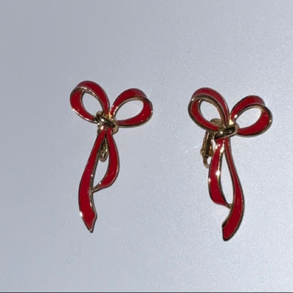 Unsigned Red Enamel and Gold-Tone Metal Clip On Bow Earrings
